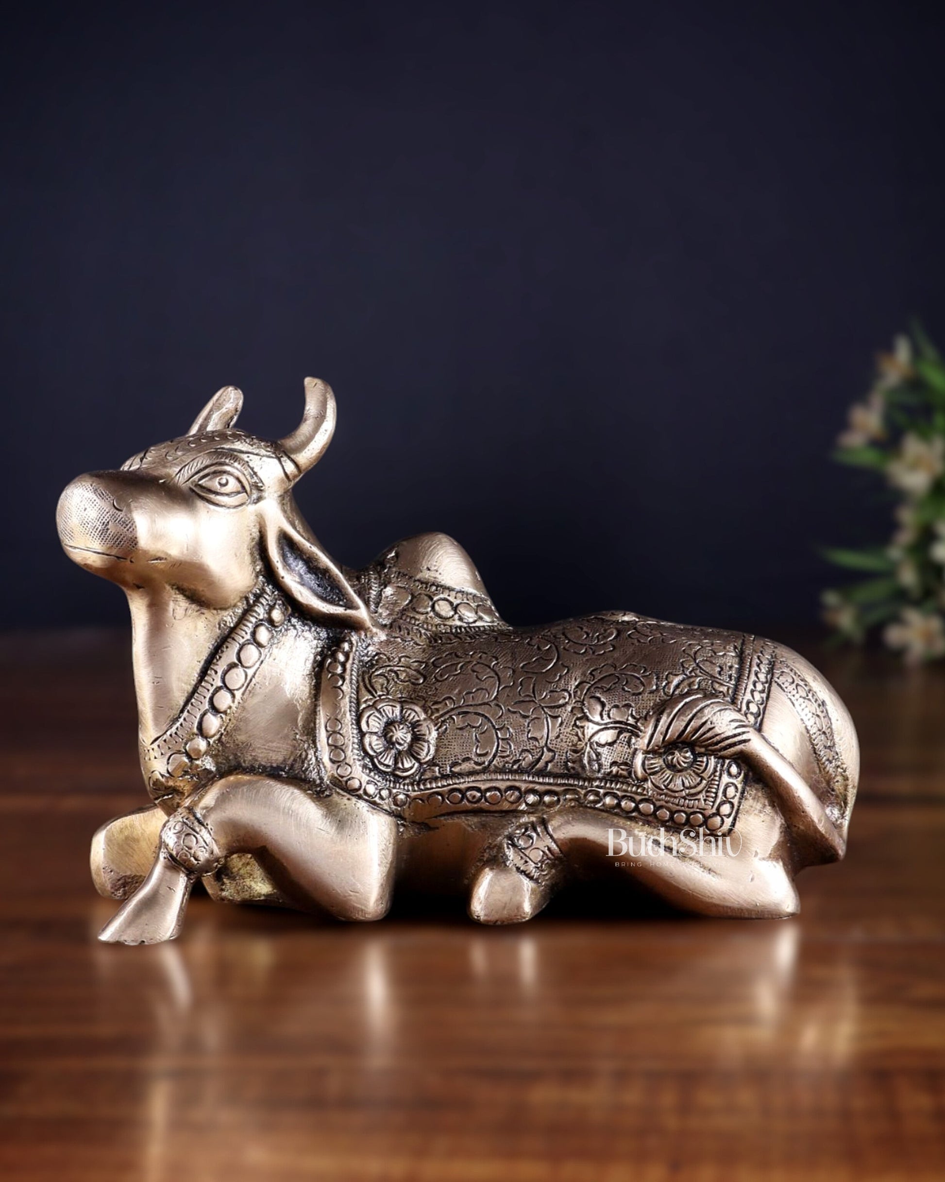 Pure Brass Nandi Idol in Antique Finish – 13 cm (6.7") | Devotional Decor - Sama Homes Idol - Brass Sculpture - Eco-friendly - Sama Homes