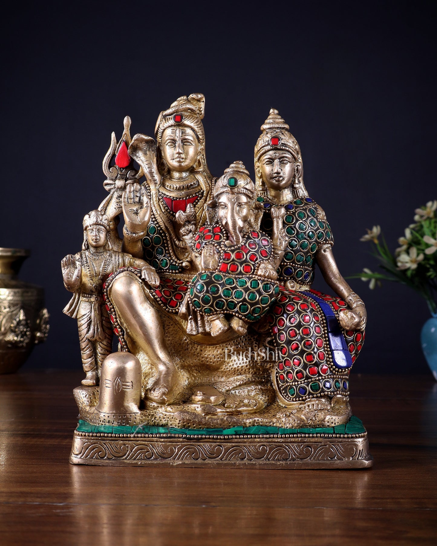 Brass Shiv Parivar idol | 8" Height | 100% Certified Copper & Brass - Sama Homes Idol - Brass Sculpture
