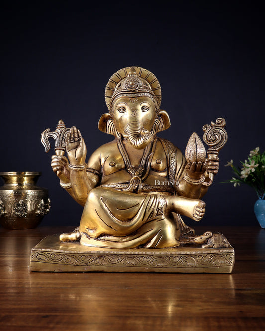 Pure Brass Lord Ganesha Statue with Crossed Legs – 10.5 Inch - Sama Homes Idol - Brass Sculpture