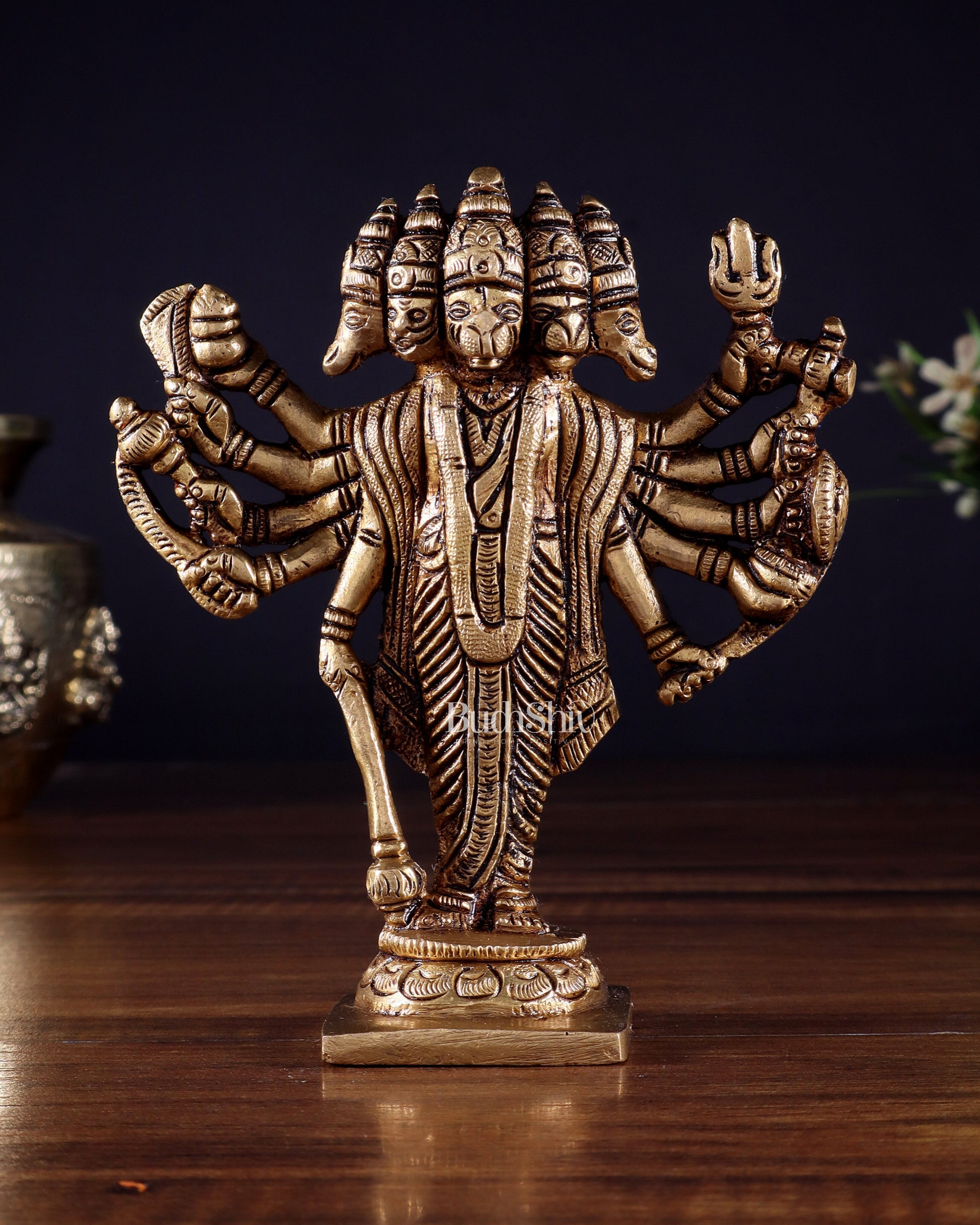 Brass Standing Panchmukhi Hanuman Idol - 5.5" Height | 100% Certified Copper & Brass - Sama Homes Idol - Brass Sculpture - Eco-friendly - Sama Homes