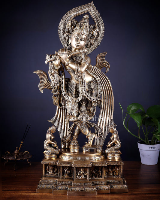 Pure Brass Lord Krishna Chola-Inspired Sculpture 25 inch - Sama Homes Idol - Brass Sculpture