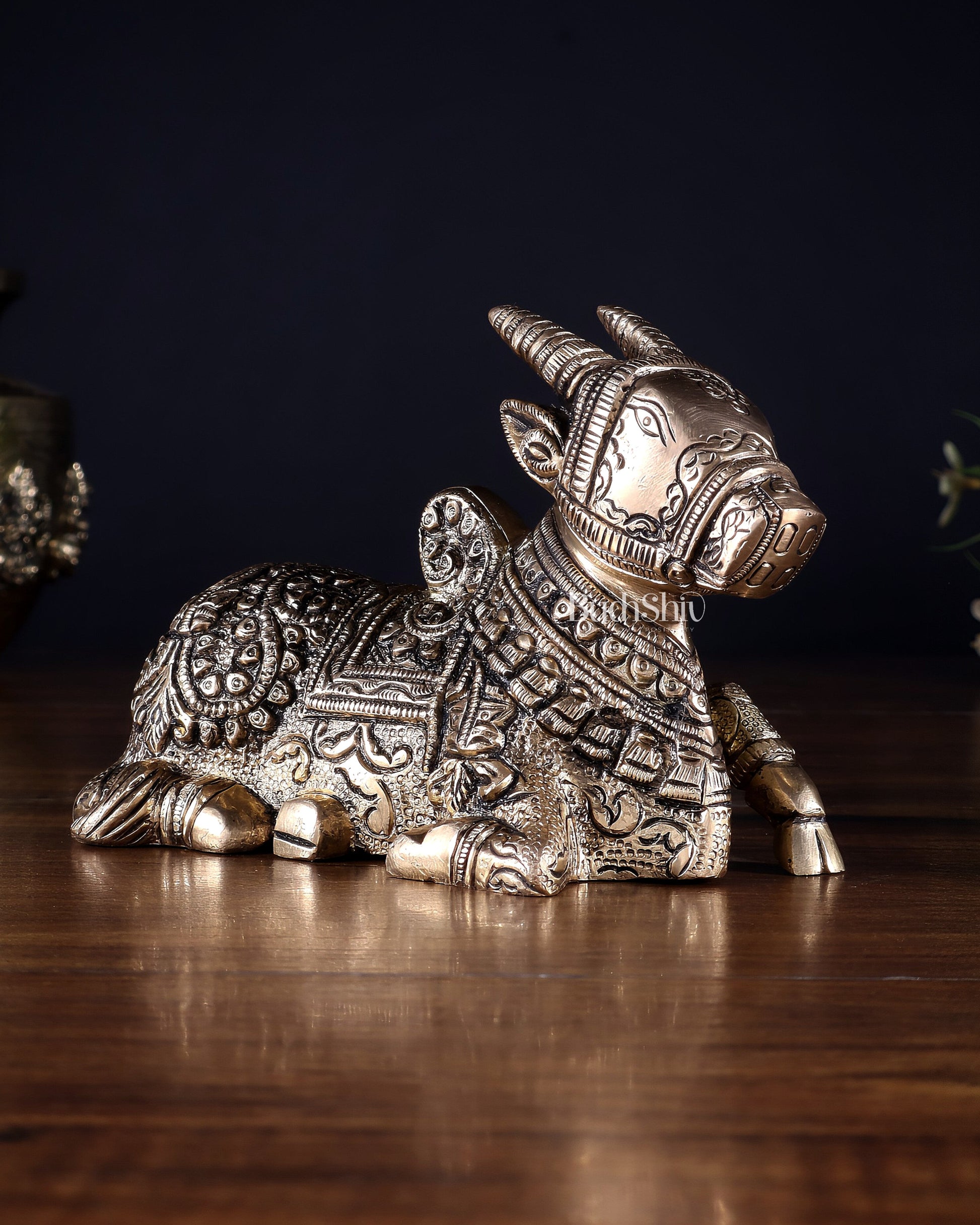 Pure Brass Superfine Nandi Idol – Fully Engraved Sacred Bull of Shiva 7" - Sama Homes Idol - Brass Sculpture - Eco-friendly - Sama Homes
