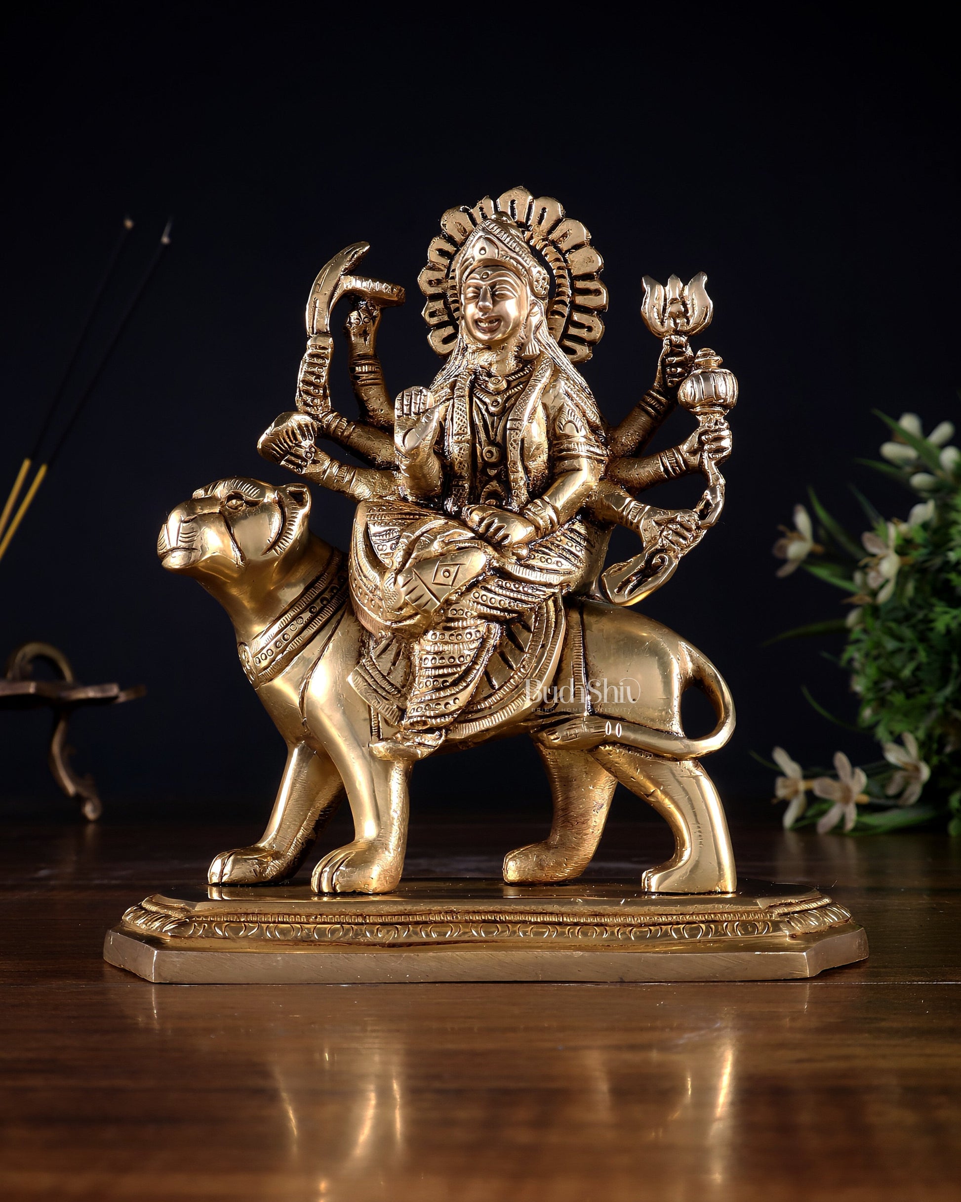 Pure Brass Goddess Durga Seated on Tiger Idol with Base – 5.5” - Sama Homes Idol - Brass Sculpture - Eco-friendly - Sama Homes