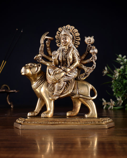 Pure Brass Goddess Durga Seated on Tiger Idol with Base – 5.5” - Sama Homes Idol - Brass Sculpture