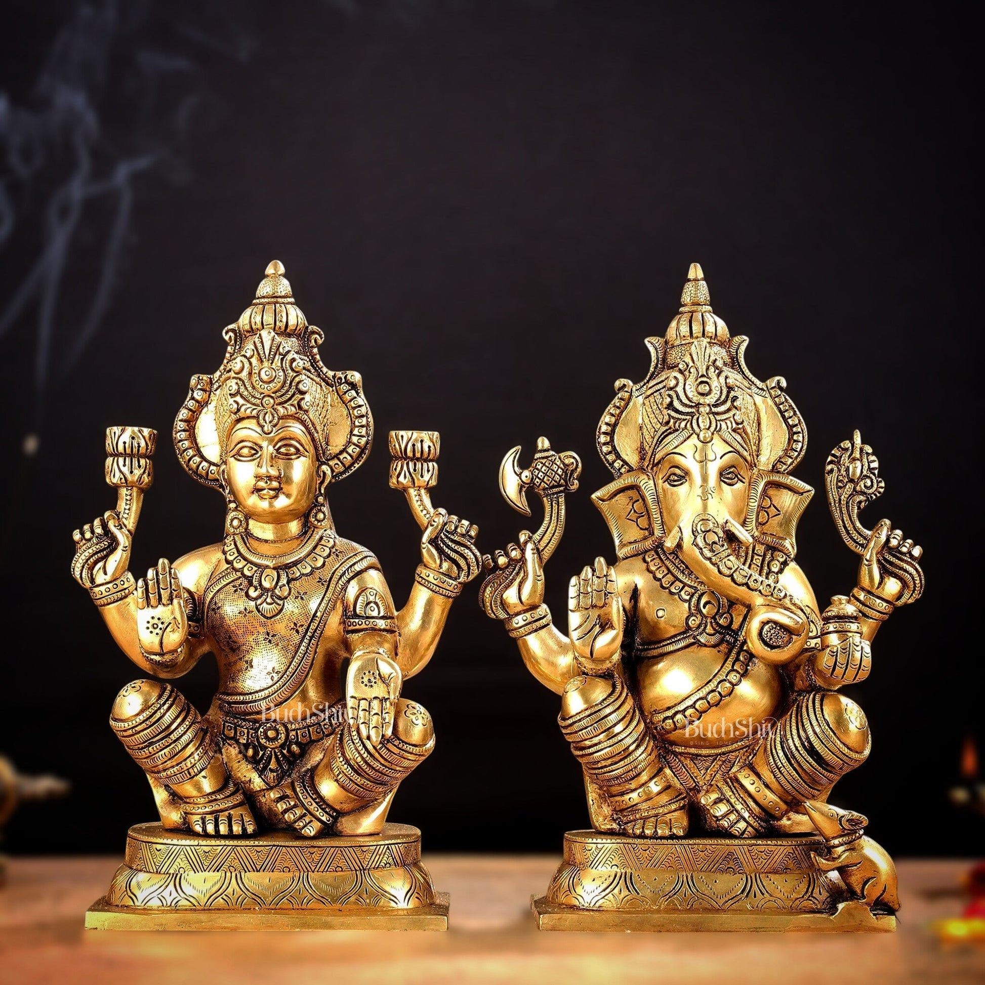 Brass Ganesha and Lakshmi Idol Pair - 11.5 Inch Statues | 100% Certified Copper & Brass - Sama Homes Idol - Brass Sculpture - Eco-friendly - Sama Homes