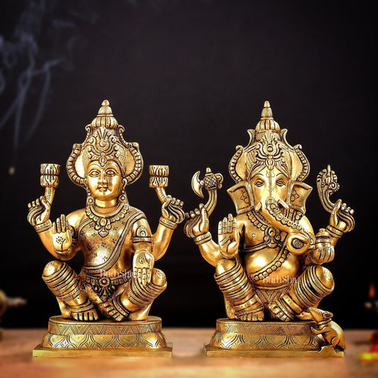 Brass Ganesha and Lakshmi Idol Pair - 11.5 Inch Statues | 100% Certified Copper & Brass - Sama Homes Idol - Brass Sculpture
