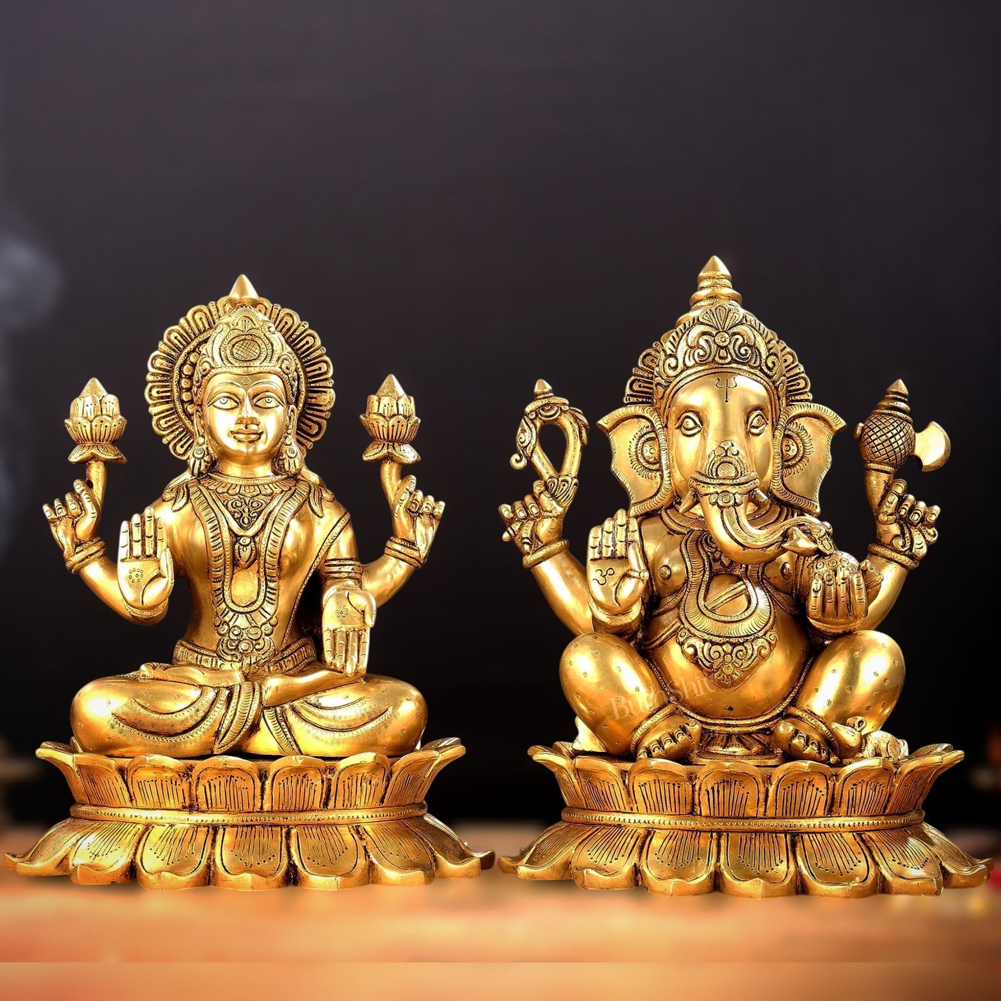 Large Pure Brass Superfine Ganesha and Lakshmi on Lotus Idols - 13.5" - Sama Homes Idol - Brass Sculpture - Eco-friendly - Sama Homes