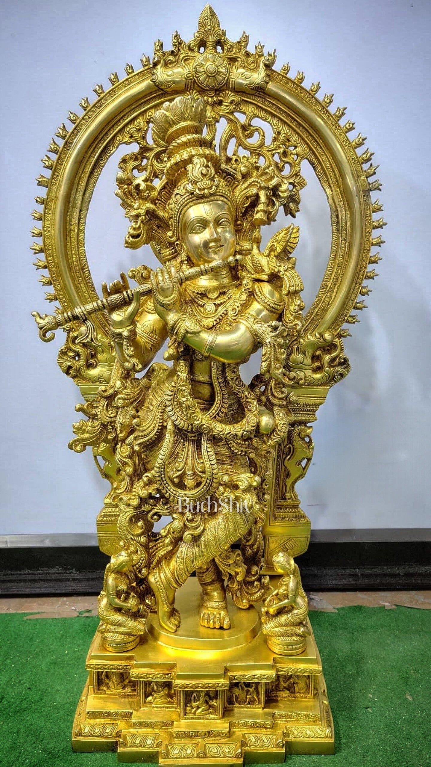Brass Krishna Statue with Arch 32" | 100% Certified Copper & Brass - Sama Homes Idol - Brass Sculpture