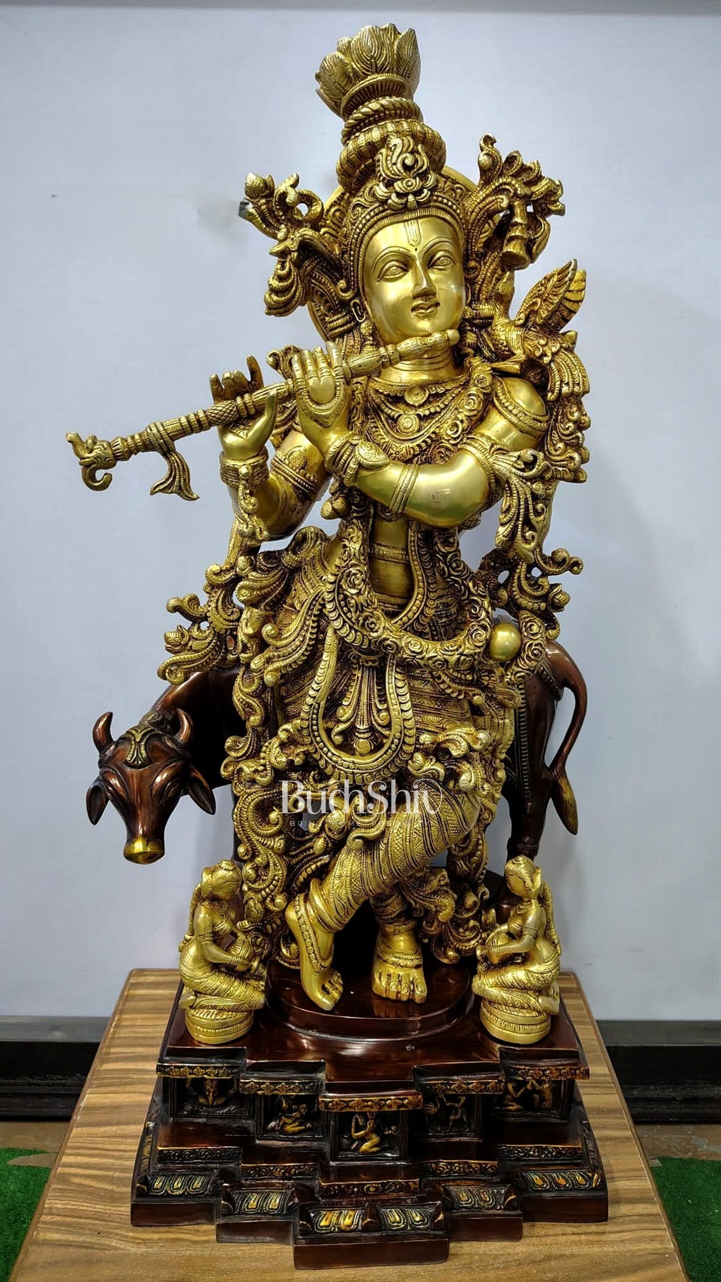 Brass large Krishna with cow statue 28" | 100% Certified Copper & Brass - Sama Homes Idol - Brass Sculpture - Eco-friendly - Sama Homes