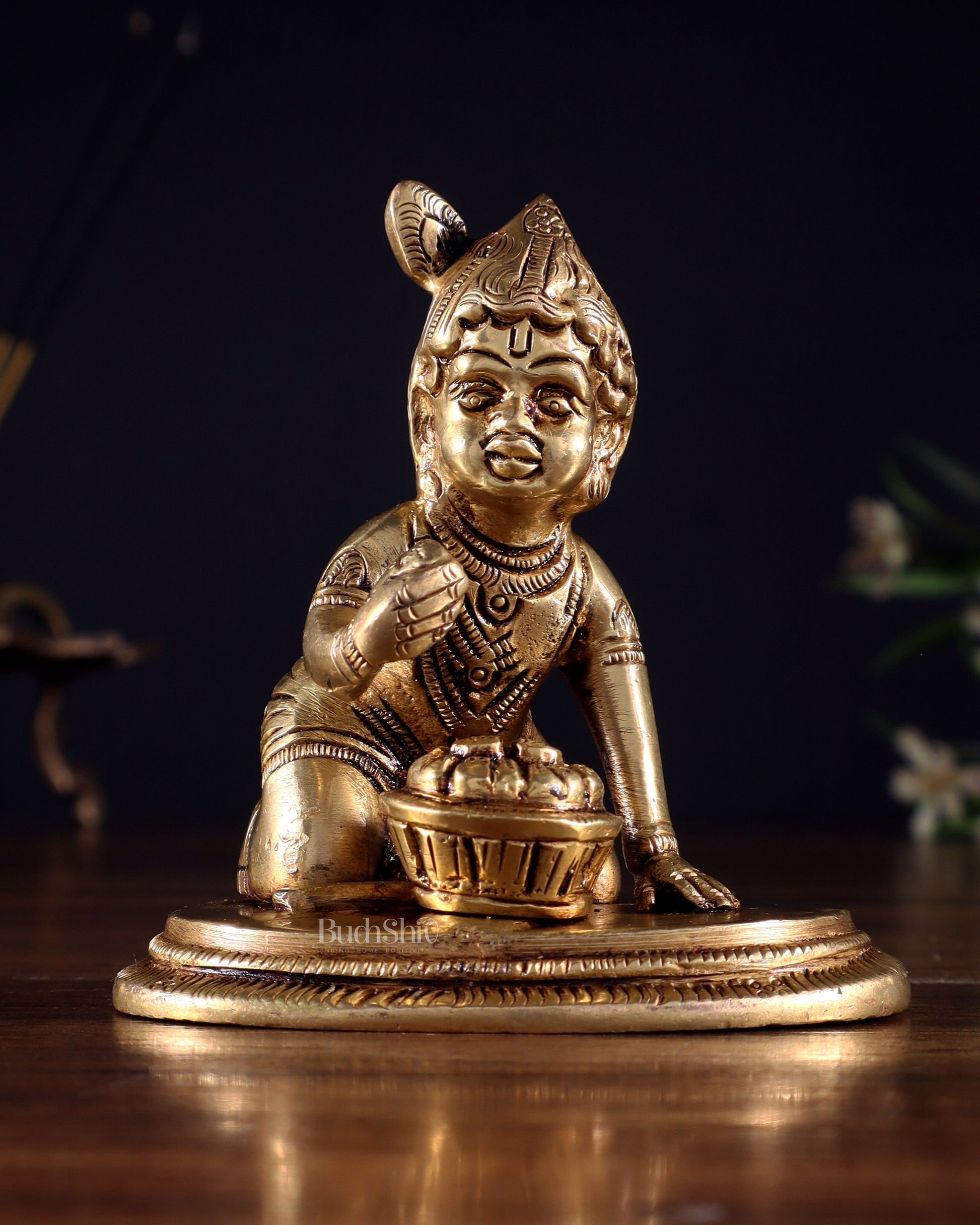 Brass Baby krishna Makhan Chor Bal Gopal Murti | Height 3.5 inch | 100% Certified Copper & Brass - Sama Homes Idol - Brass Sculpture - Eco-friendly - Sama Homes