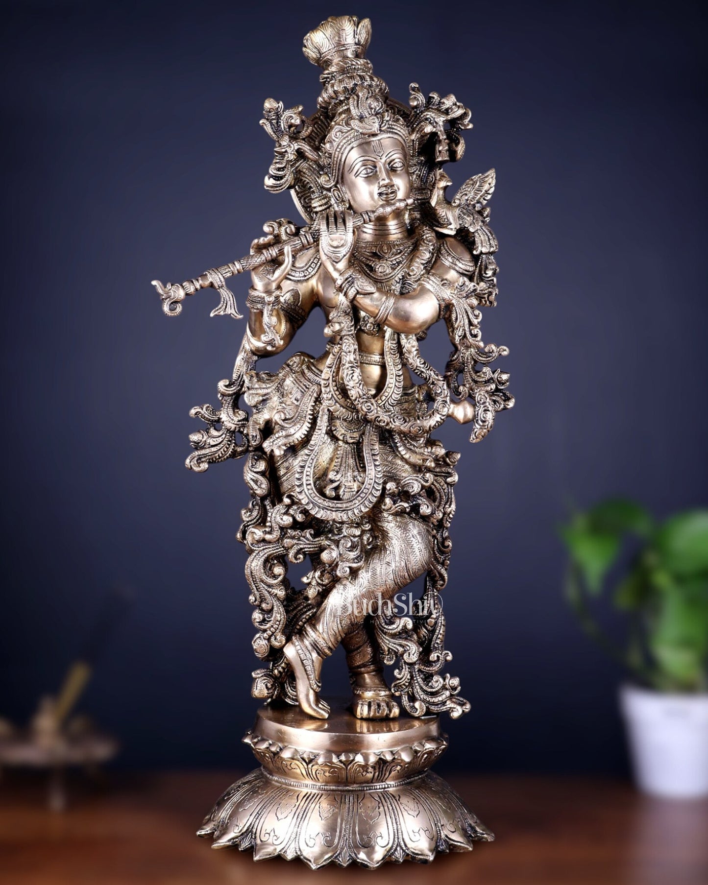 Pure Brass Superfine Lord Krishna Statue , 27" matte finish - Sama Homes Idol - Brass Sculpture