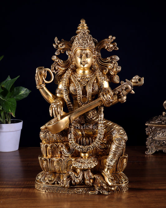 Brass Superfine Goddess Saraswati Statue – 15 Inch - Sama Homes Idol - Brass Sculpture
