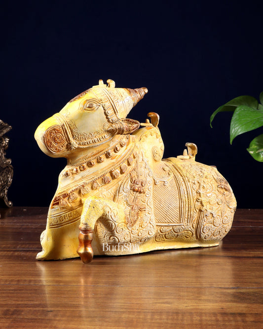 Pure Brass Nandi Statue Sand finish 11" wide - Sama Homes Idol - Brass Sculpture