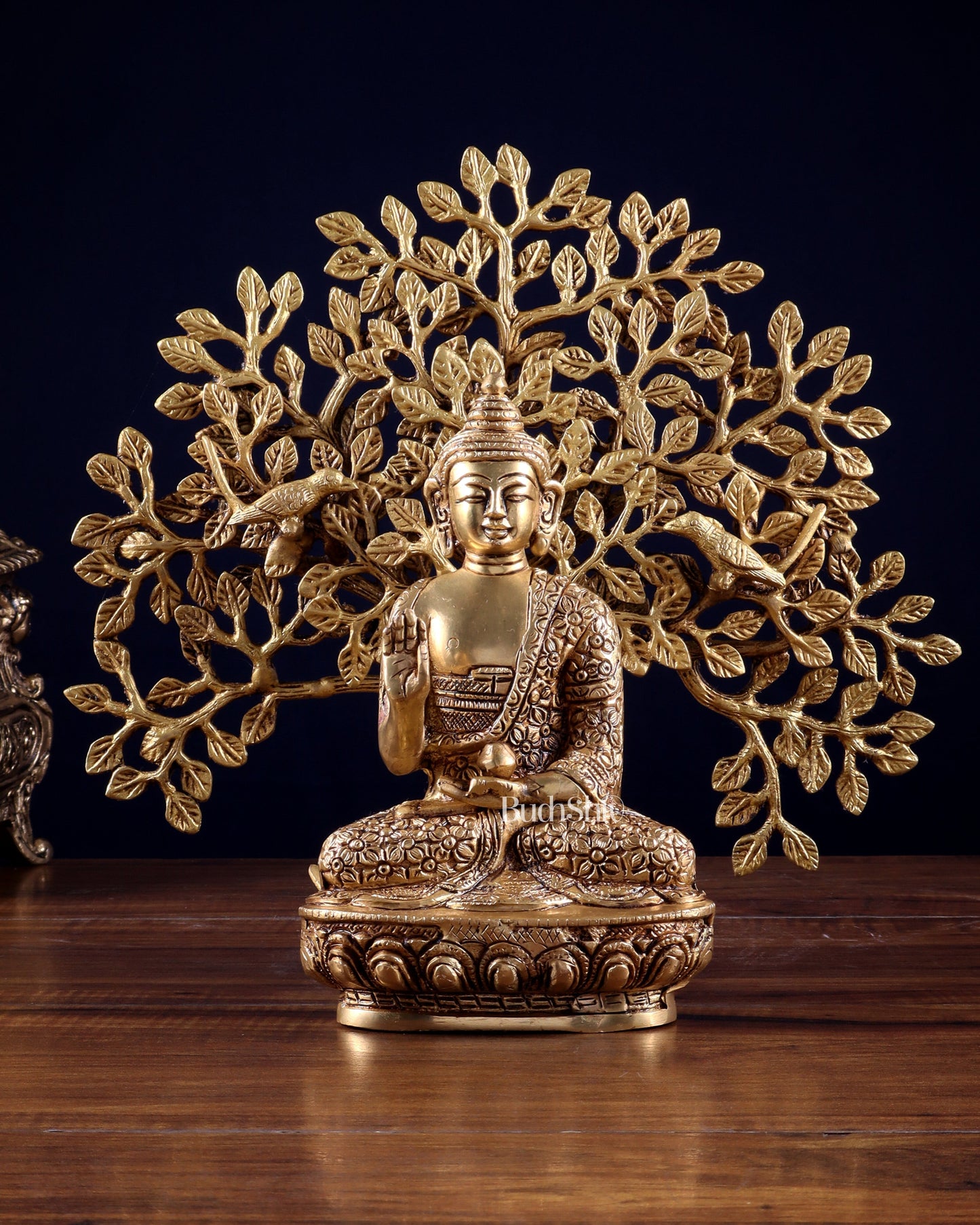 Brass Buddha with Kalpavriksha Tree Combo 11 inch | 100% Certified Copper & Brass - Sama Homes Idol - Brass Sculpture