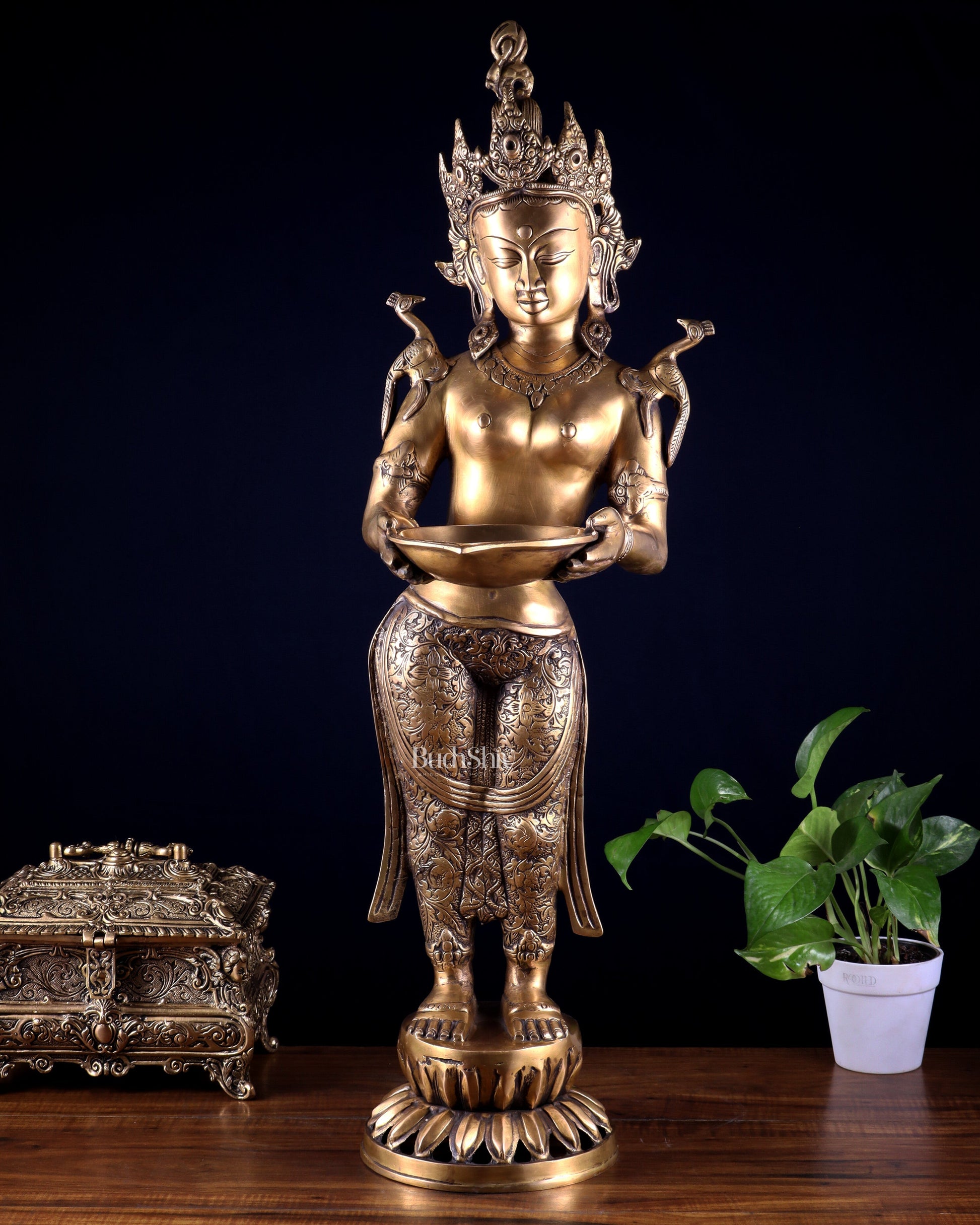 Brass Tibetan Deep Lakshmi Statue – Welcome Lady for Home Entrances | 30.5" - Sama Homes Idol - Brass Sculpture - Eco-friendly - Sama Homes