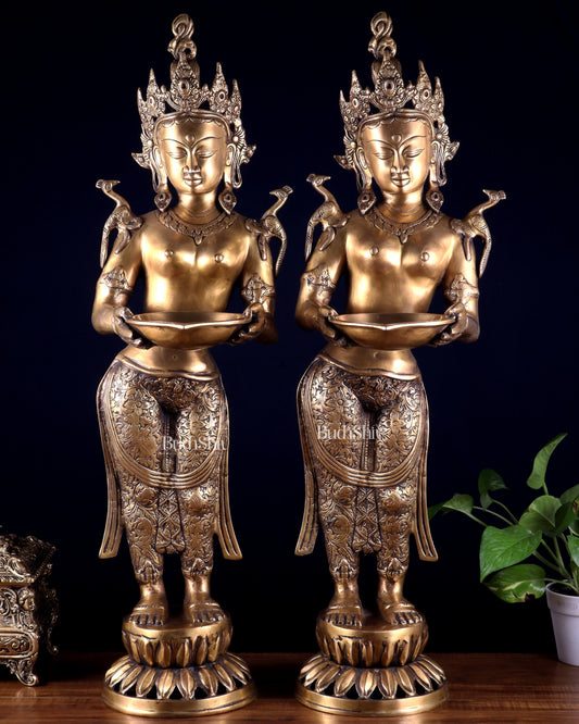Pair of Brass Deep Lakshmi Welcome Lady Statues – Entrance Decor | 30.5" - Sama Homes Idol - Brass Sculpture