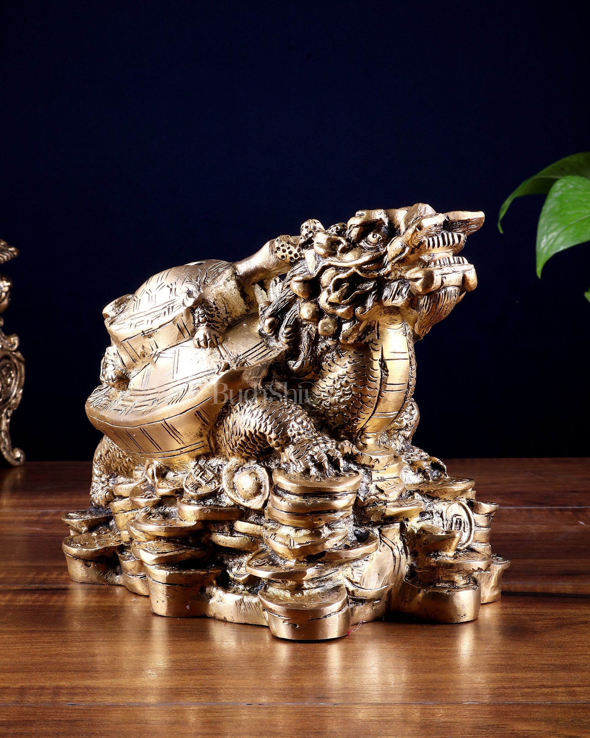 Pure Brass Feng Shui Dragon Tortoise Money Bank 8.5" - Sama Homes Idol - Brass Sculpture - Eco-friendly - Sama Homes