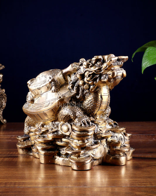 Pure Brass Feng Shui Dragon Tortoise Money Bank 8.5" - Sama Homes Idol - Brass Sculpture
