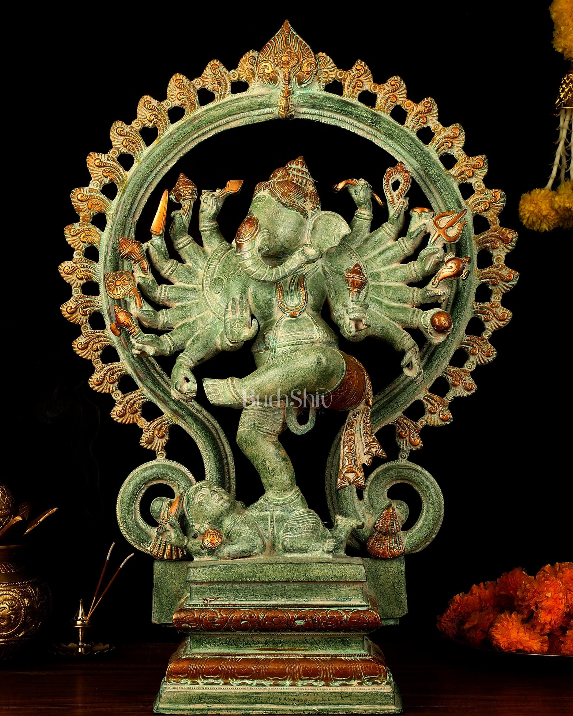 Brass Dancing Ganesha Statue - 25.5" Height, Antique Green Patina Finish | 100% Certified Copper & Brass - Sama Homes Idol - Brass Sculpture - Eco-friendly - Sama Homes