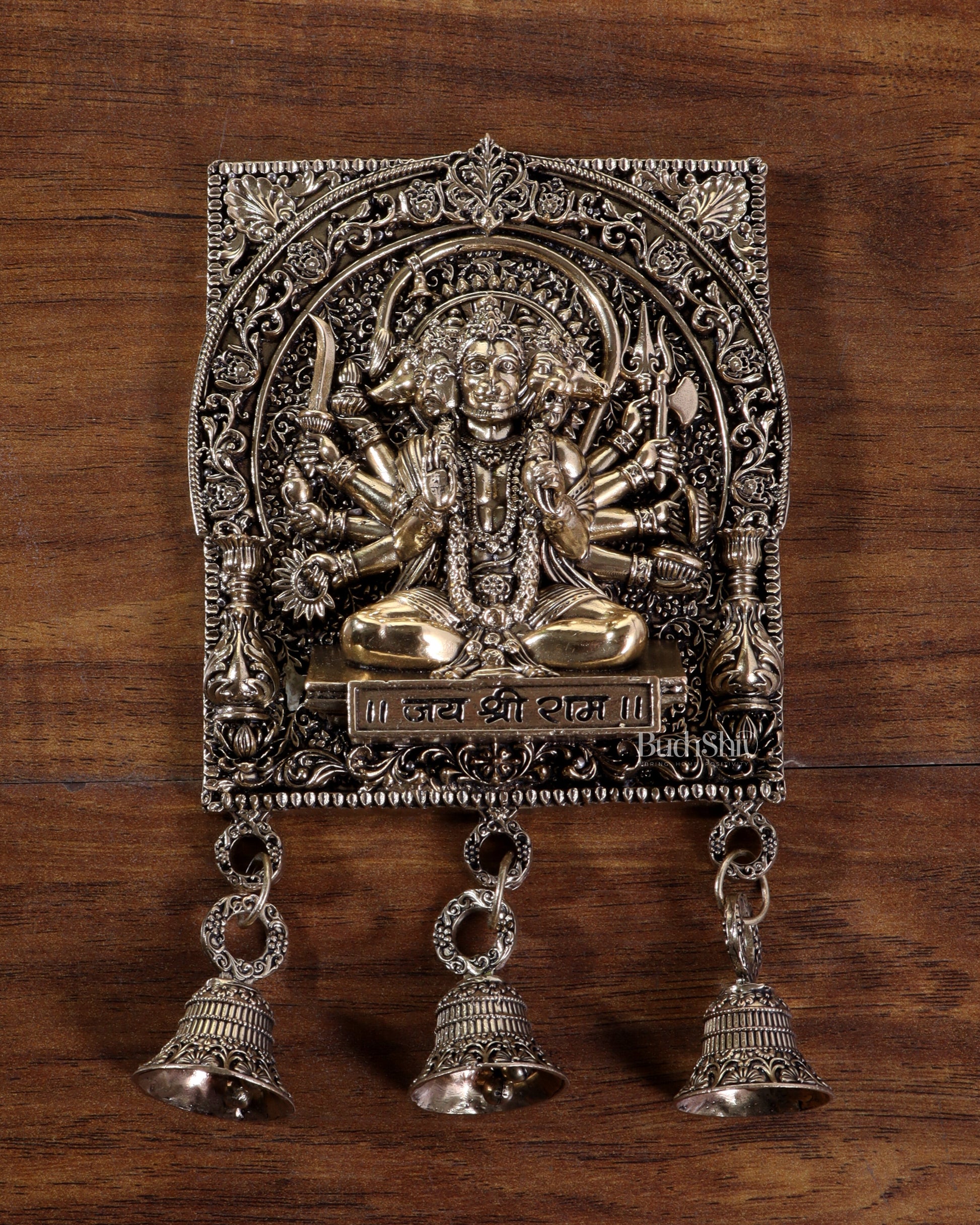 Brass Superfine Panchmukhi Hanuman Wall Hanging with Jai Shri Ram Carvings - Sama Homes Idol - Brass Sculpture - Eco-friendly - Sama Homes