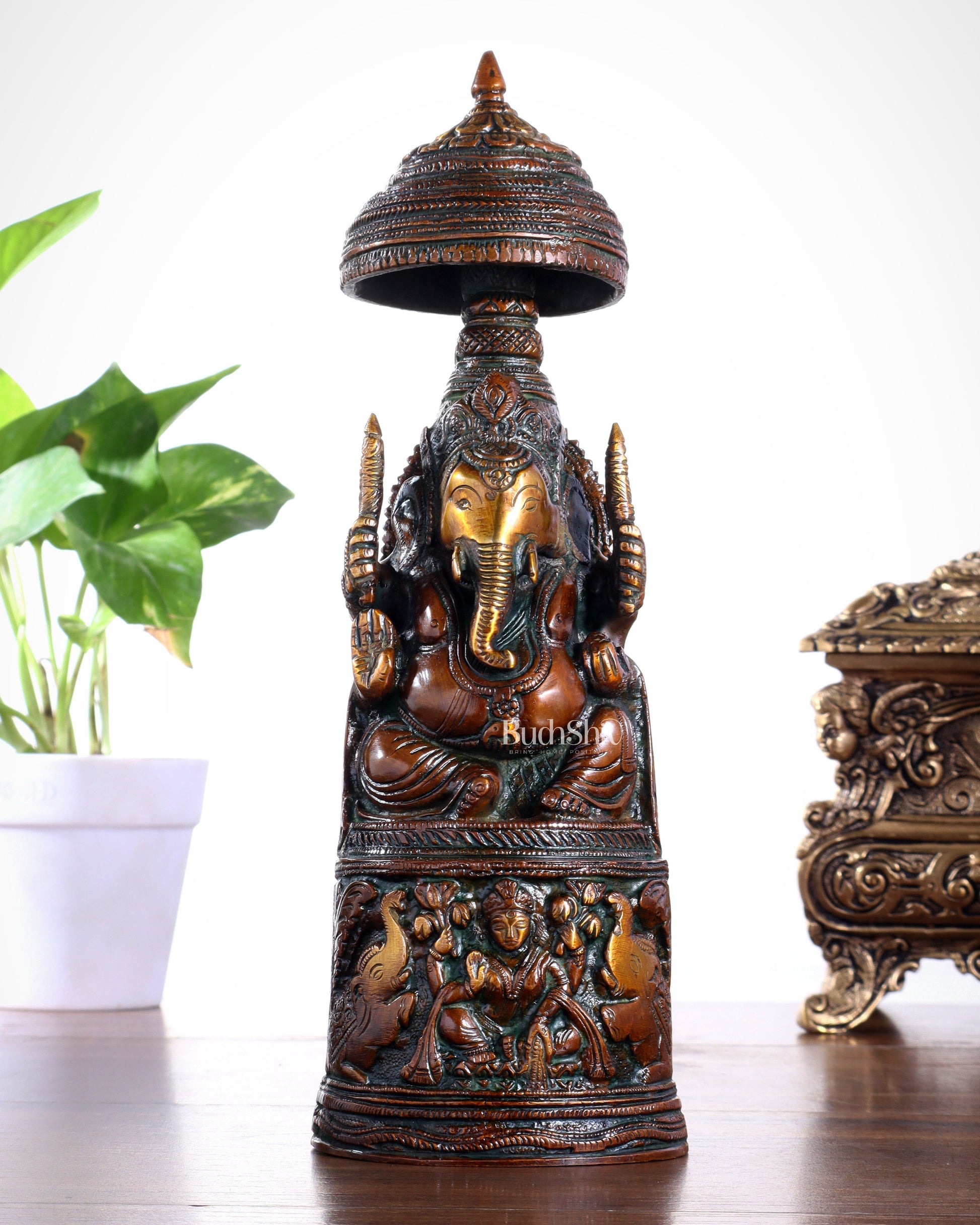 Pure Brass Lord Ganesha Statue with Gajalakshmi Carvings – Copper Tone Finish - Sama Homes Idol - Brass Sculpture - Eco-friendly - Sama Homes