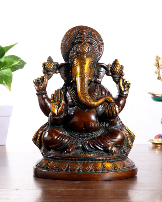 Brass Ganesha Idol with Vintage Finish – Pure Brass Handcrafted 8" | 100% Certified Copper & Brass - Sama Homes Idol - Brass Sculpture