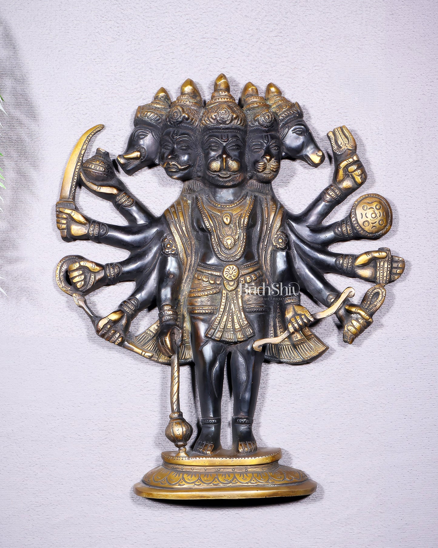 Pure Brass Standing Panchmukhi Hanuman Wall Hanging | Vastu Protection 13" - Sama Homes Idol - Brass Sculpture