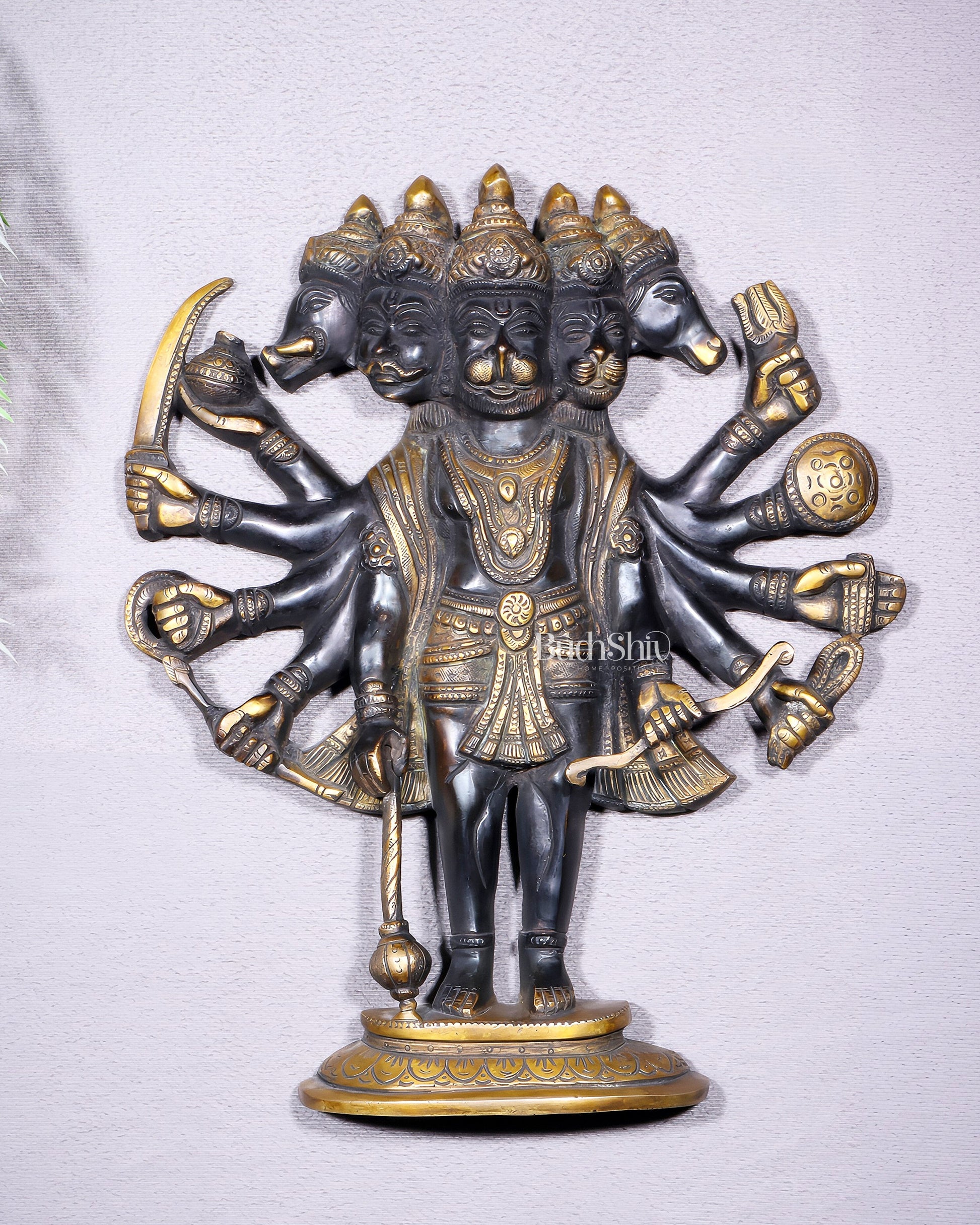 Pure Brass Standing Panchmukhi Hanuman Wall Hanging | Vastu Protection 13" - Sama Homes Idol - Brass Sculpture - Eco-friendly - Sama Homes