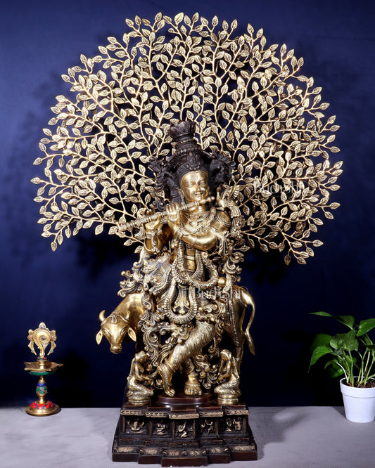 Pure Brass Lord Krishna with Cow and Kalpavriksha Tree – Large Idol 39" - Sama Homes Idol - Brass Sculpture
