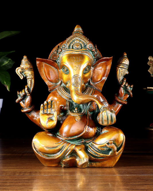Pure Brass Lord Ganesha Idol – Vintage Finish 8" - Sama Homes Idol - Brass Sculpture