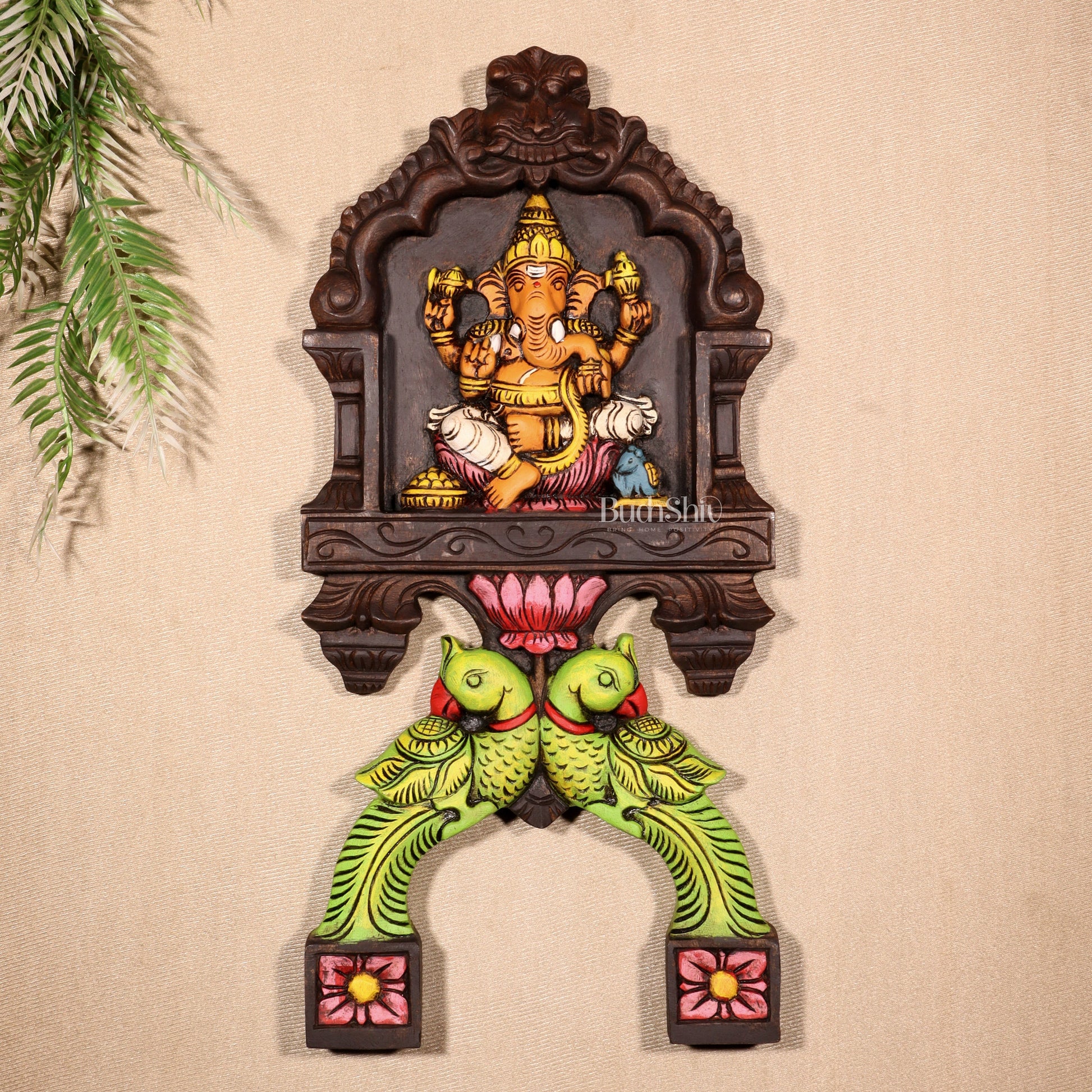 Handcrafted Wooden Ganesha with Twin Parrots Wall Panel – 24 Inches - Sama Homes Idol - Brass Sculpture - Eco-friendly - Sama Homes