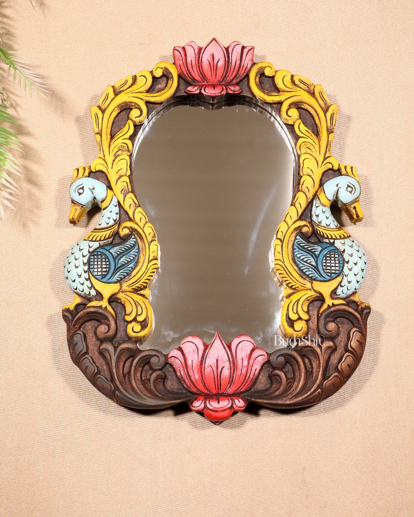 Wooden Twin Peacock Wall Hanging Mirror with Lotus Motifs – Handcrafted (14.5 inches) - Sama Homes Idol - Brass Sculpture