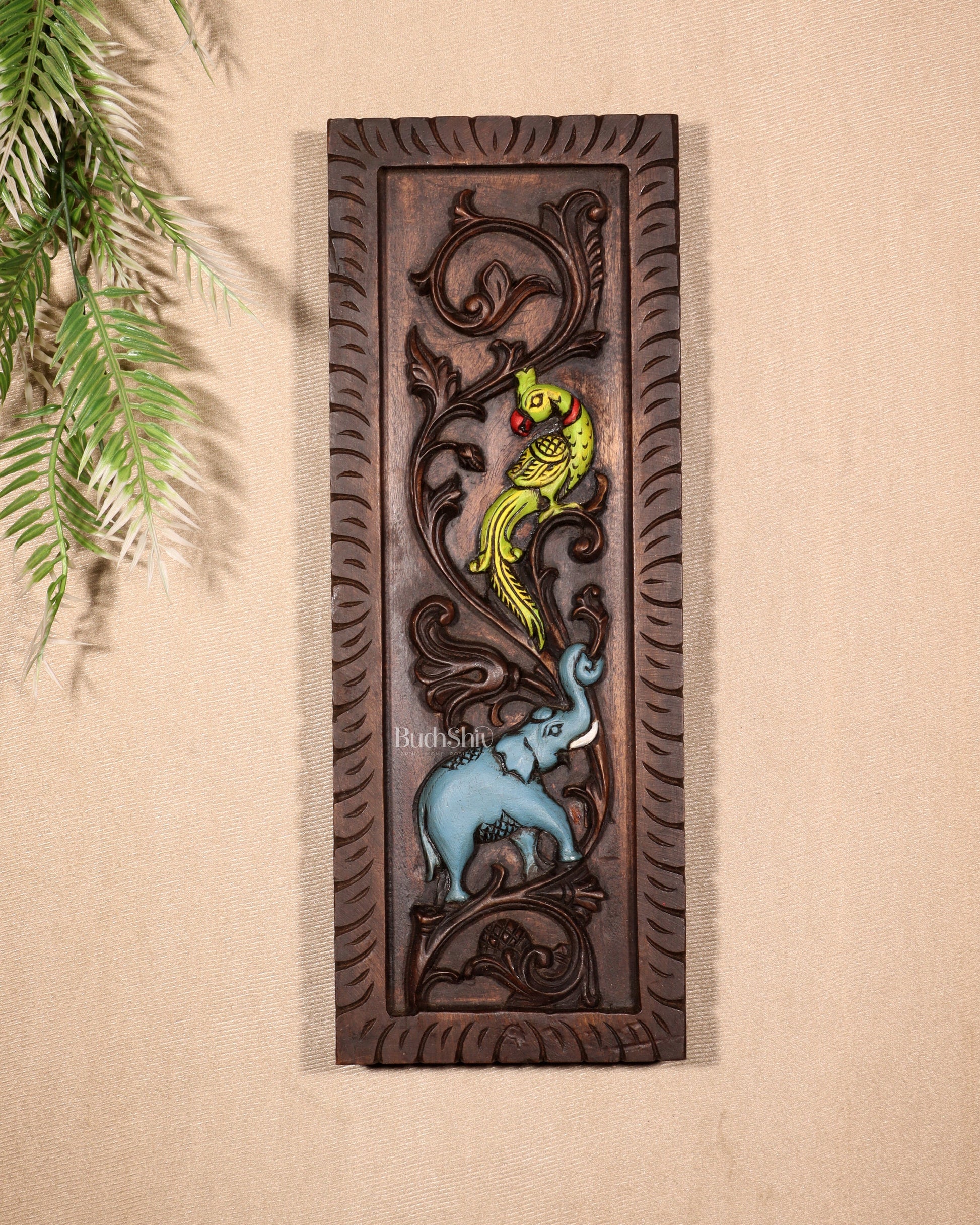 Elephant with Parrot Wooden Wall Hanging Panel – Handcrafted & Hand-Painted 15.5" - Sama Homes Idol - Brass Sculpture - Eco-friendly - Sama Homes
