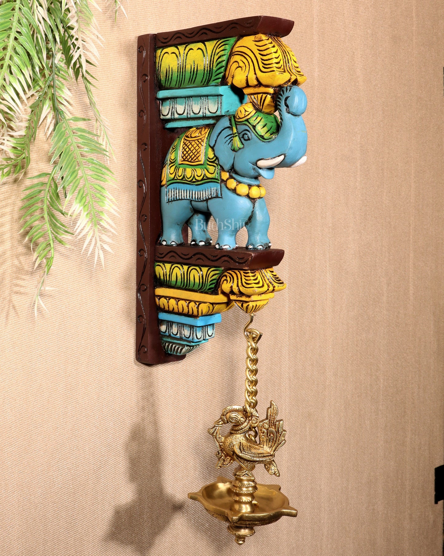 Wooden Hand-Painted Blue Elephant Wall Hanging Bracket – 12" - Sama Homes Idol - Brass Sculpture