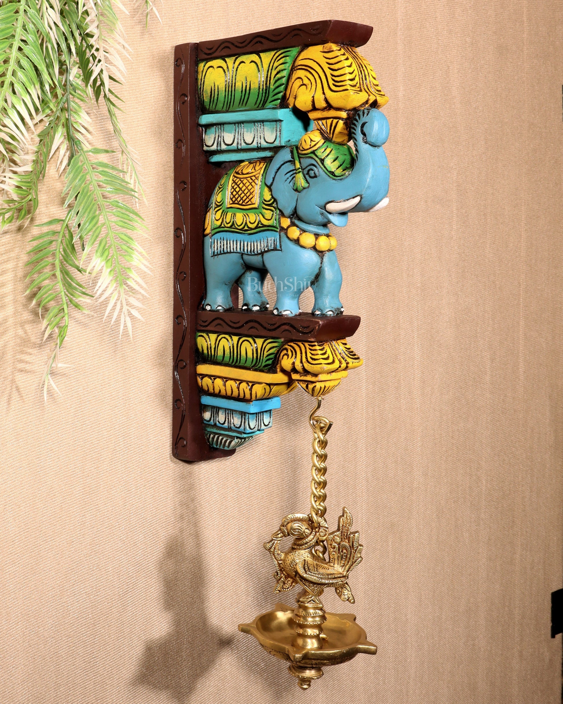 Wooden Hand-Painted Blue Elephant Wall Hanging Bracket – 12" - Sama Homes Idol - Brass Sculpture - Eco-friendly - Sama Homes