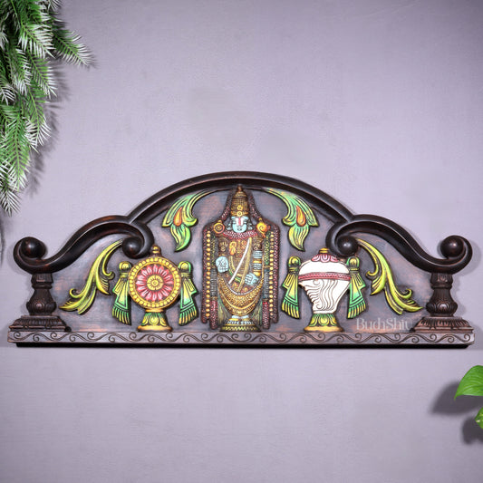Tirupati Balaji Wooden Wall Hanging with Shankh Chakra & Floral Motifs – Handcrafted & Hand-Painted - Sama Homes Idol - Brass Sculpture