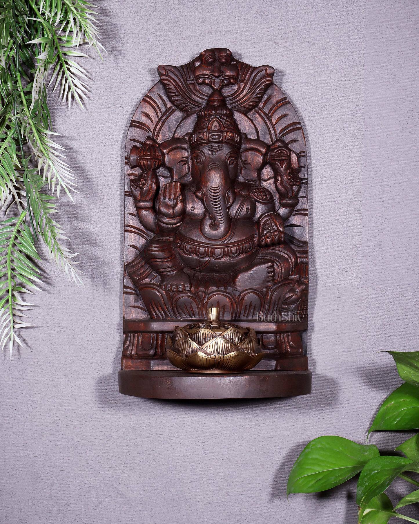 Wooden Lord Ganesha Carved Wall Hanging Shelf – Decorative Display Shelf 12" - Sama Homes Idol - Brass Sculpture