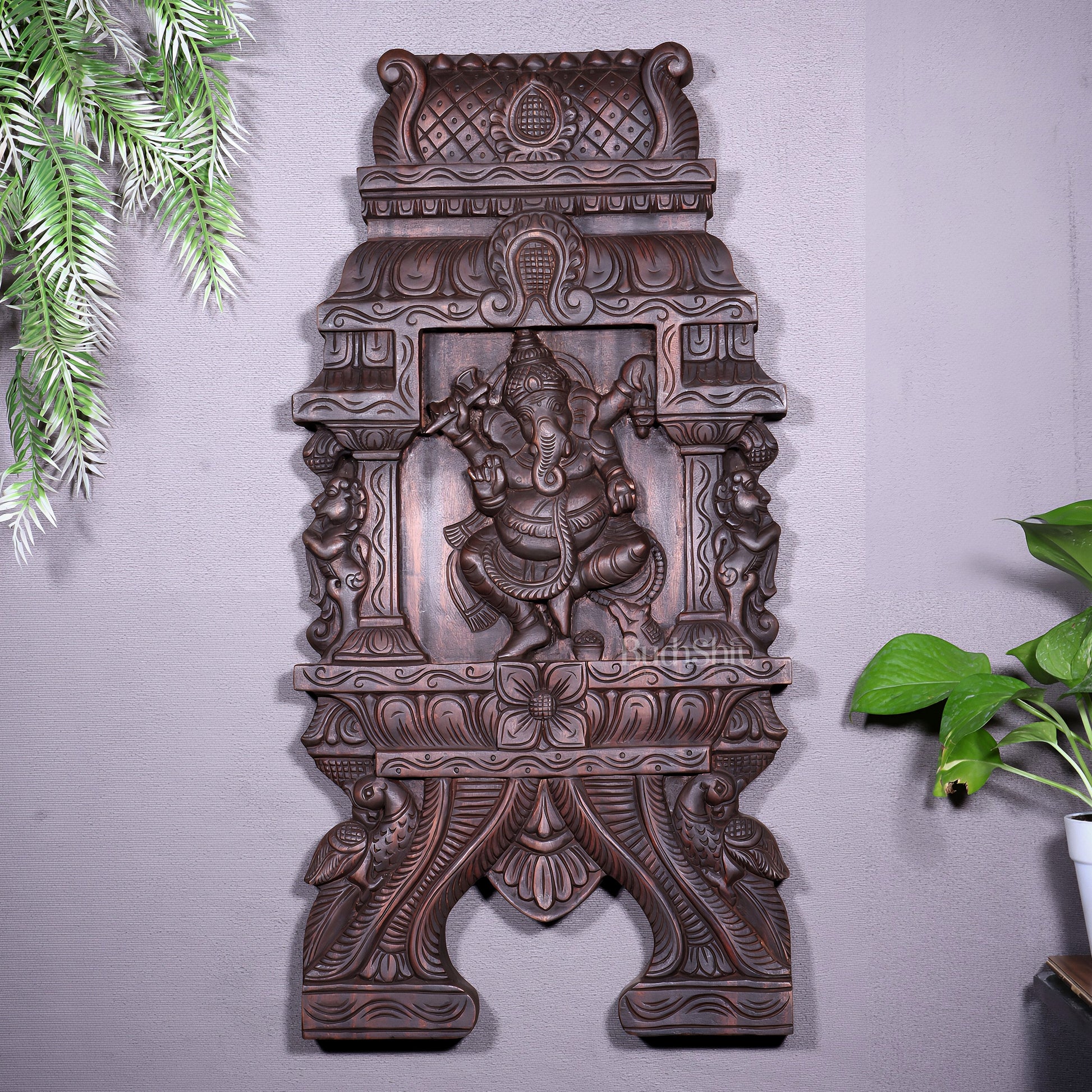 Wooden Dancing Ganesha Wall Hanging Panel – Handcrafted 23.6" - Sama Homes Idol - Brass Sculpture - Eco-friendly - Sama Homes