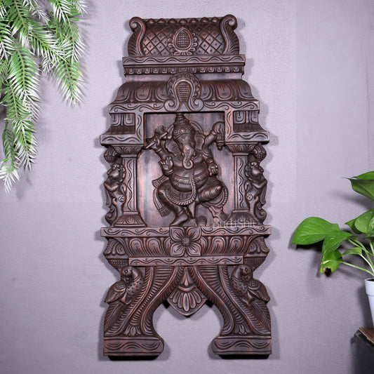 Wooden Dancing Ganesha Wall Hanging Panel – Handcrafted 23.6" - Sama Homes Idol - Brass Sculpture