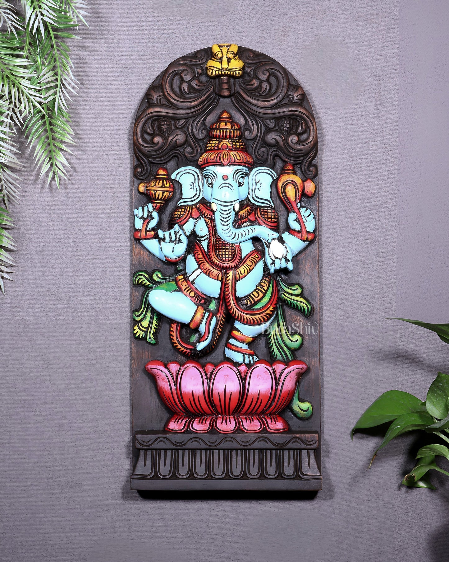 Wooden Ganesha Dancing on Lotus Motif – Vertical Wall Hanging Panel - Sama Homes Idol - Brass Sculpture