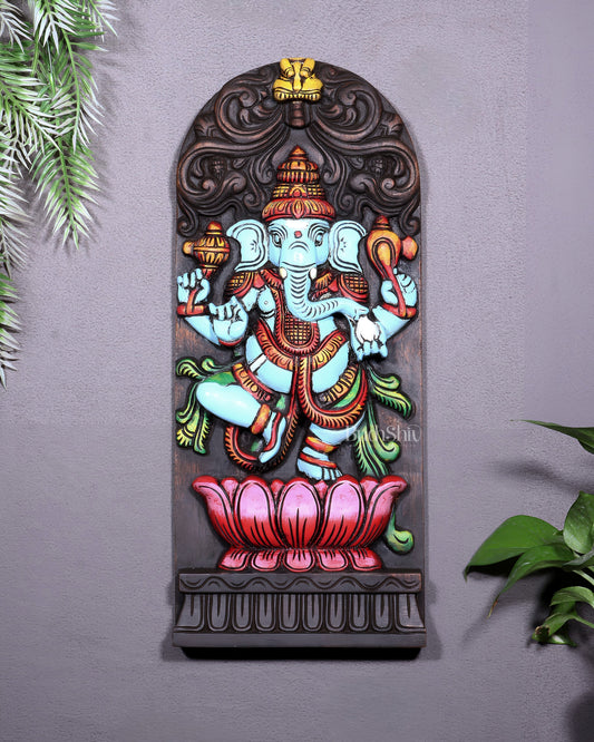 Wooden Ganesha Dancing on Lotus Motif – Vertical Wall Hanging Panel - Sama Homes Idol - Brass Sculpture