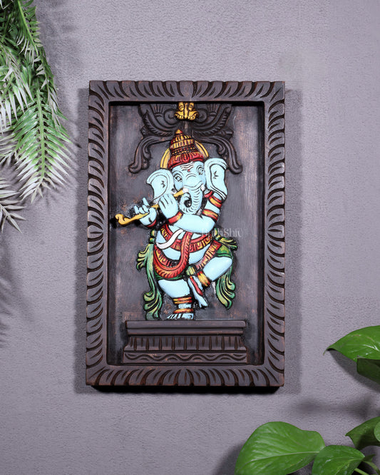 Dancing Ganesha Playing Flute – Handcrafted & Hand-Painted Wooden Wall Hanging Panel 18" - Sama Homes Idol - Brass Sculpture