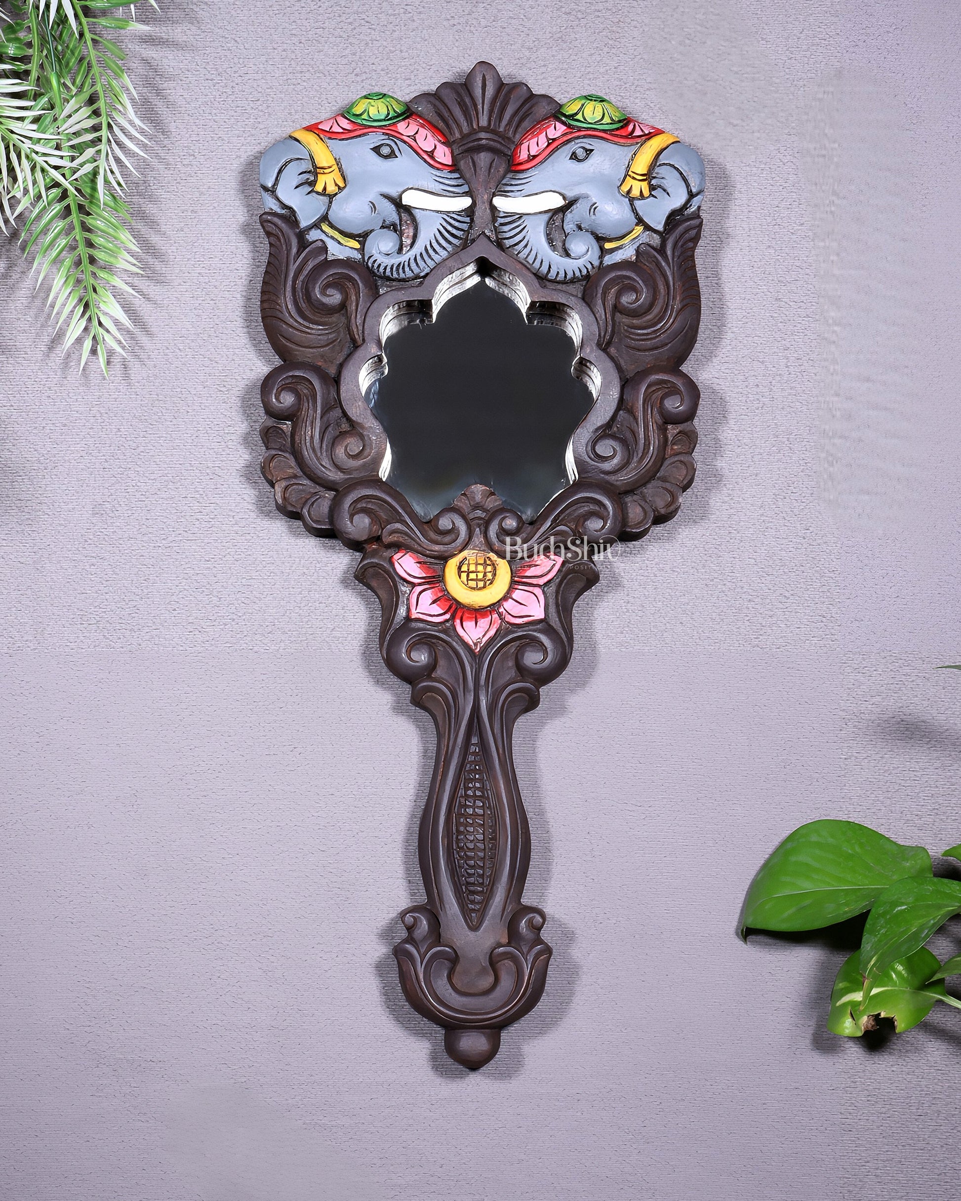 Wooden Twin Elephant Wall Hanging Mirror with Lotus Motif – Handcrafted - Sama Homes Idol - Brass Sculpture - Eco-friendly - Sama Homes