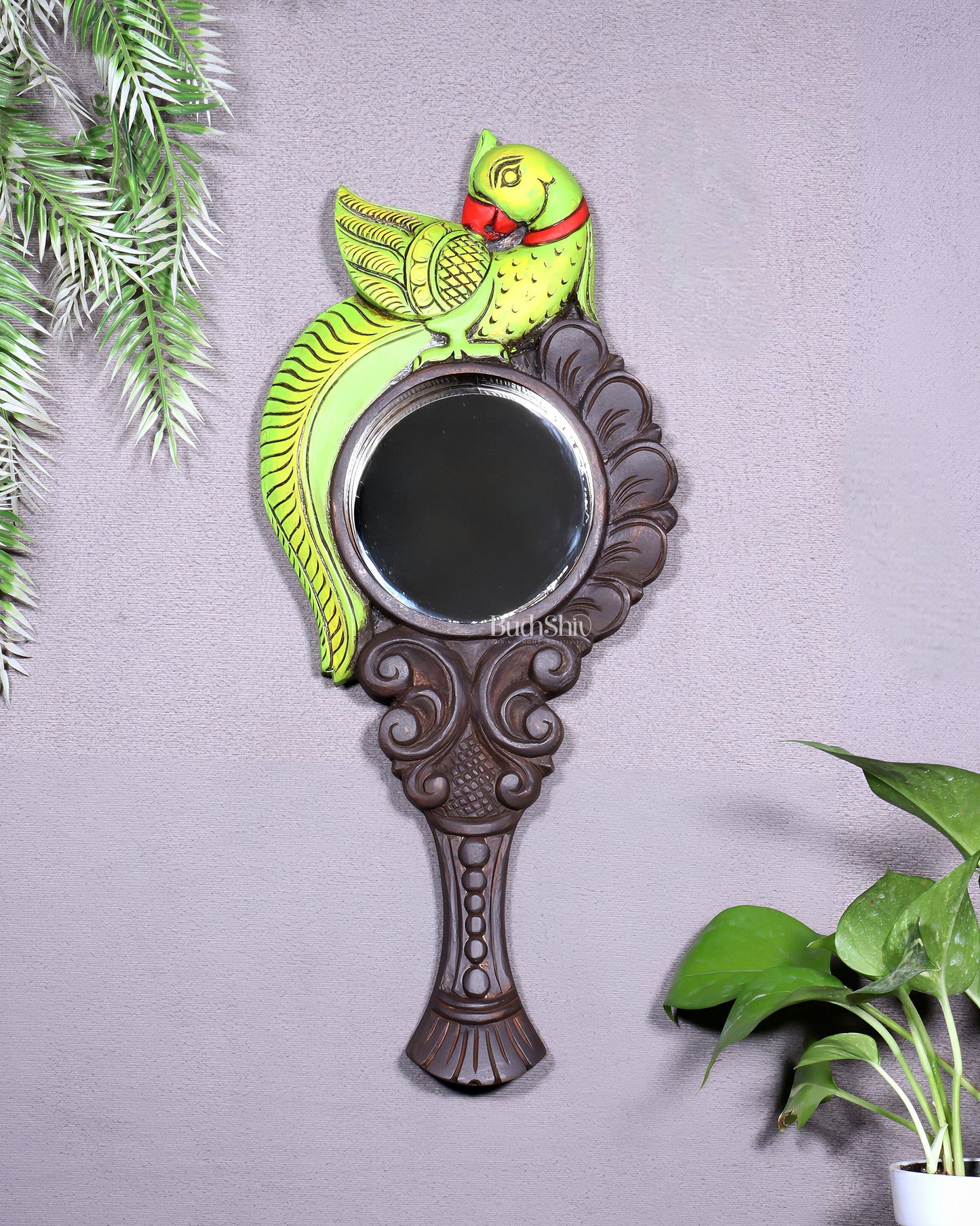 Wooden Parrot Design Hanging Mirror – Handcrafted Elegance - Sama Homes Idol - Brass Sculpture