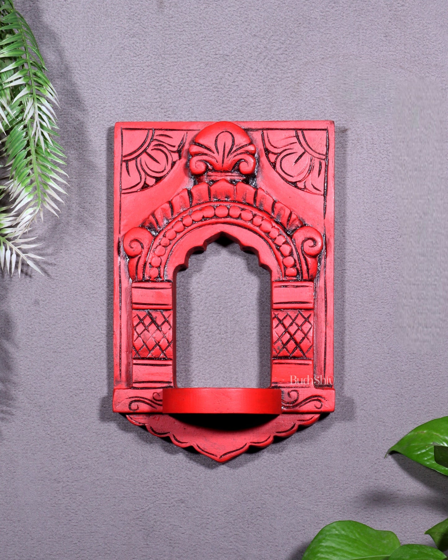 Wooden Wall Hanging Jharokha Arch – Handcrafted Decorative Shelf (Red) - Sama Homes Idol - Brass Sculpture