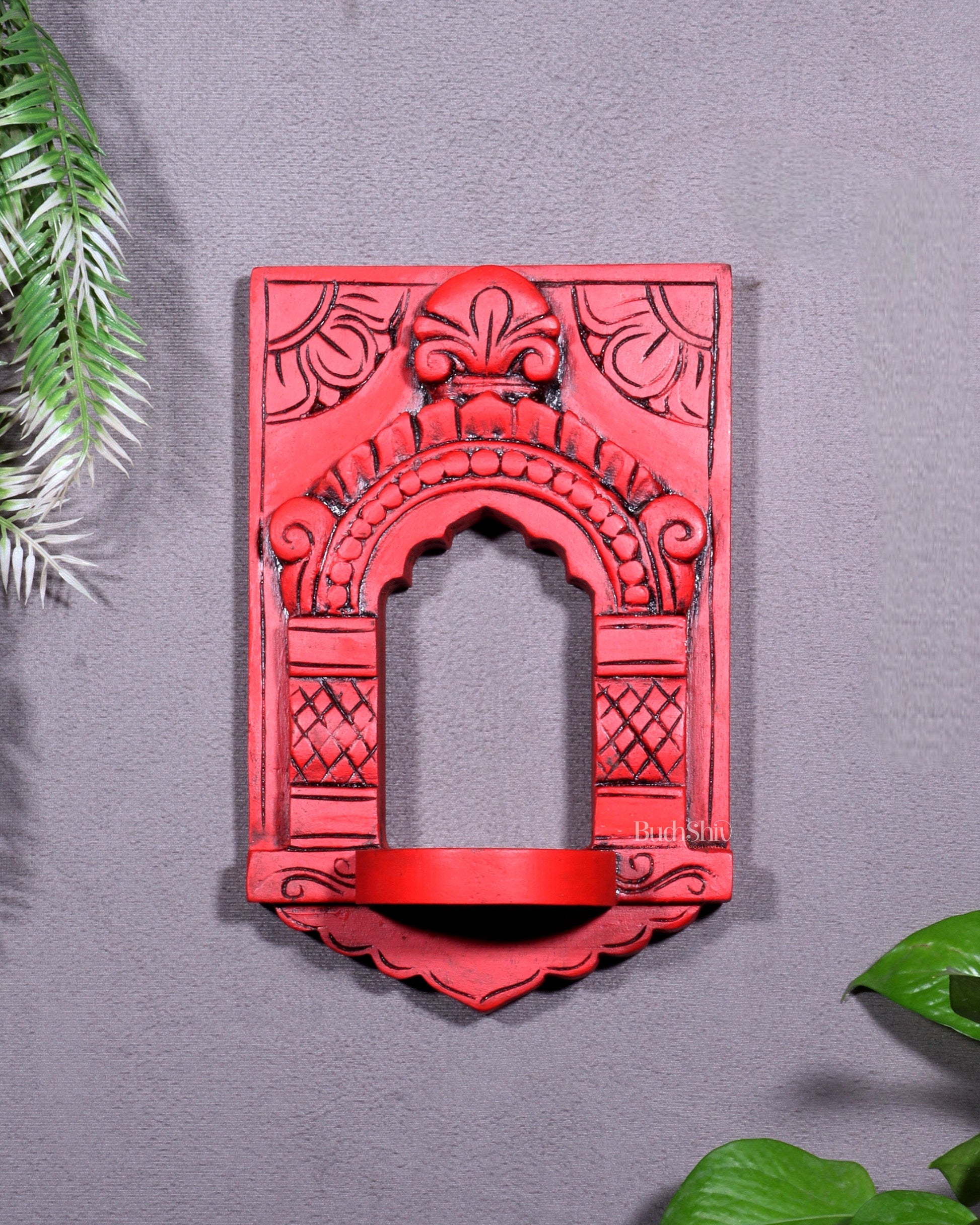 Wooden Wall Hanging Jharokha Arch – Handcrafted Decorative Shelf (Red) - Sama Homes Idol - Brass Sculpture - Eco-friendly - Sama Homes