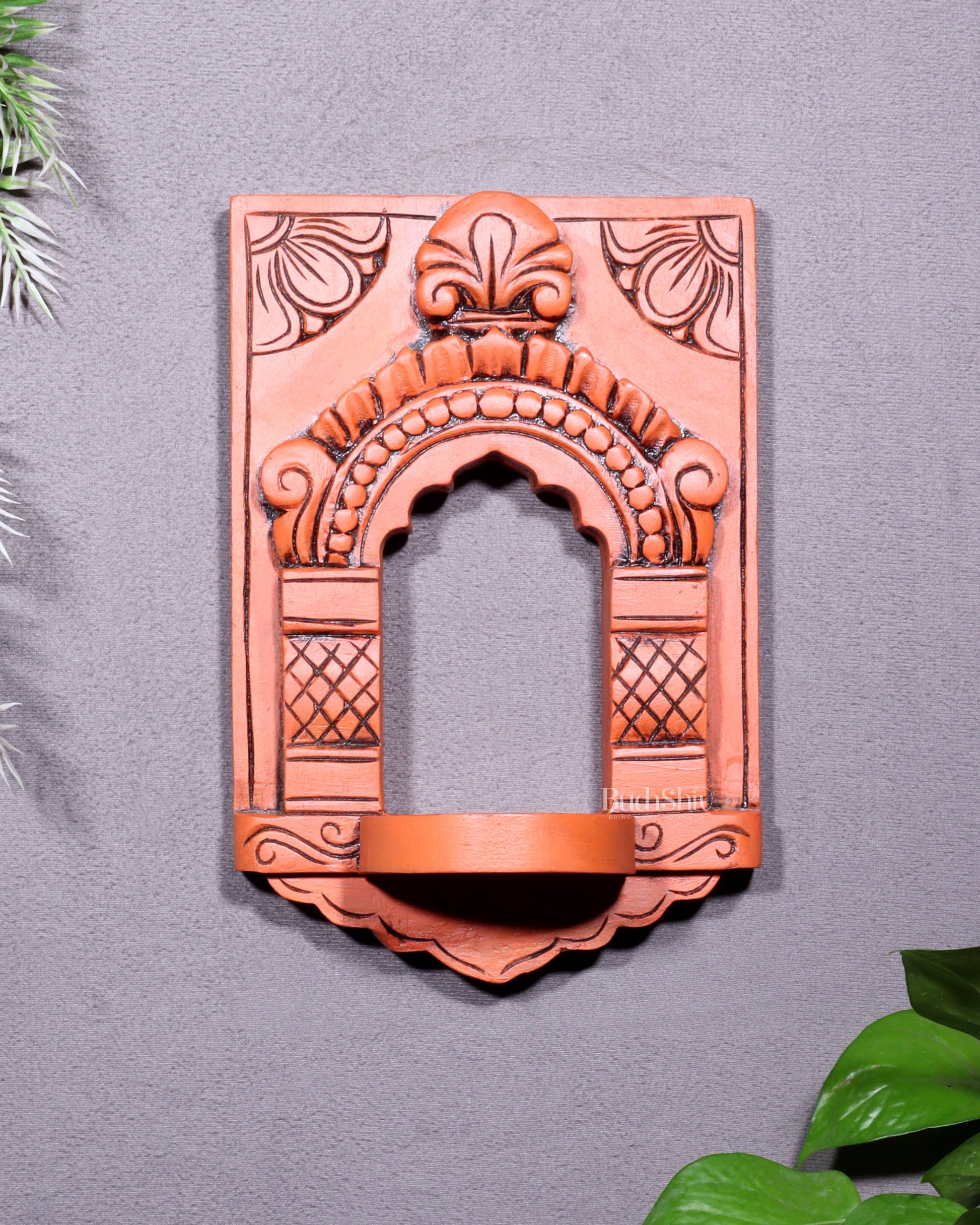Wooden Wall Hanging Jharokha Arch – Handcrafted Decorative Shelf (Earthy red) - Sama Homes Idol - Brass Sculpture - Eco-friendly - Sama Homes
