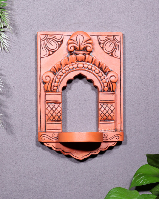 Wooden Wall Hanging Jharokha Arch – Handcrafted Decorative Shelf (Earthy red) - Sama Homes Idol - Brass Sculpture