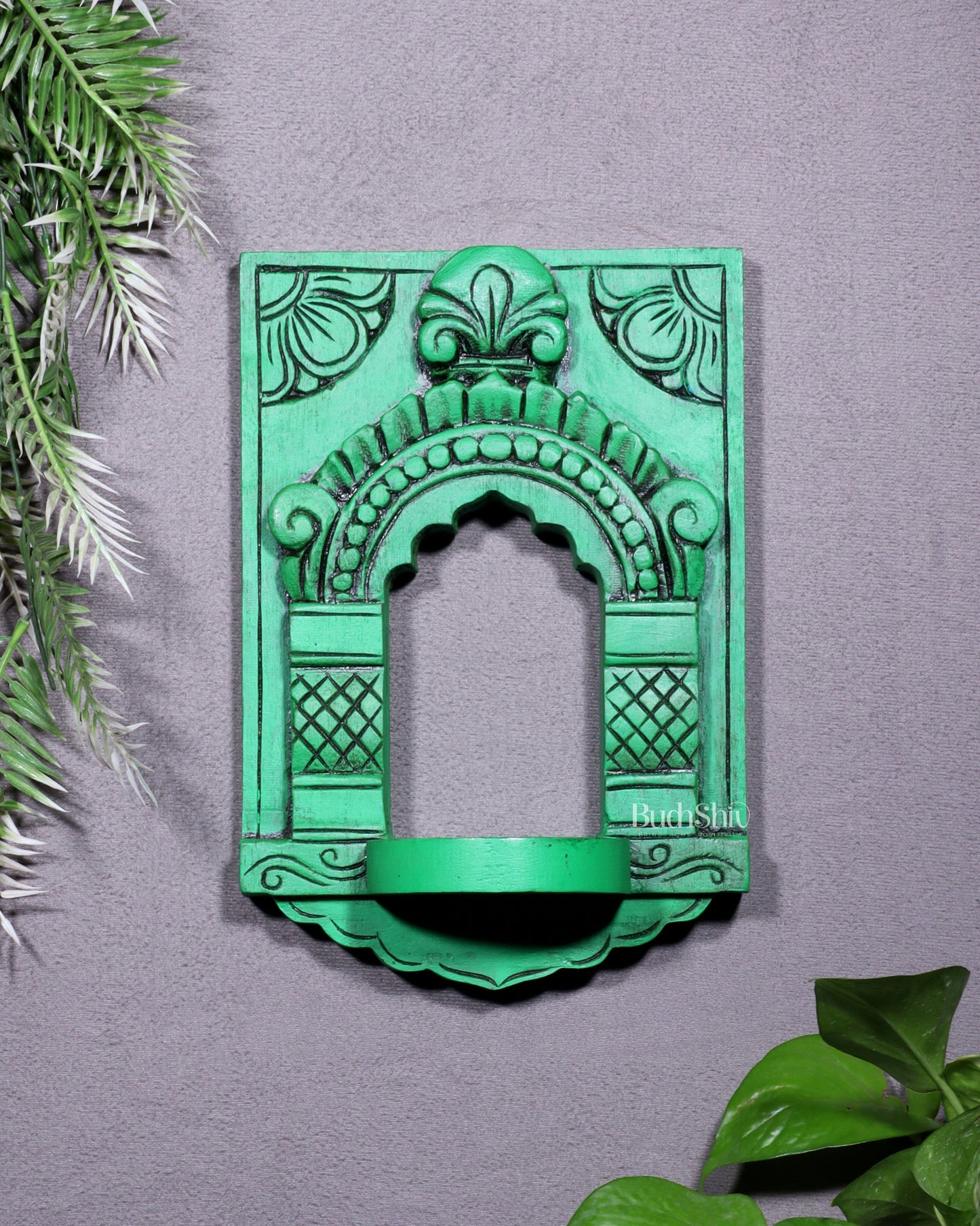 Wooden Wall Hanging Jharokha Arch – Handcrafted Decorative Shelf (Green) - Sama Homes Idol - Brass Sculpture