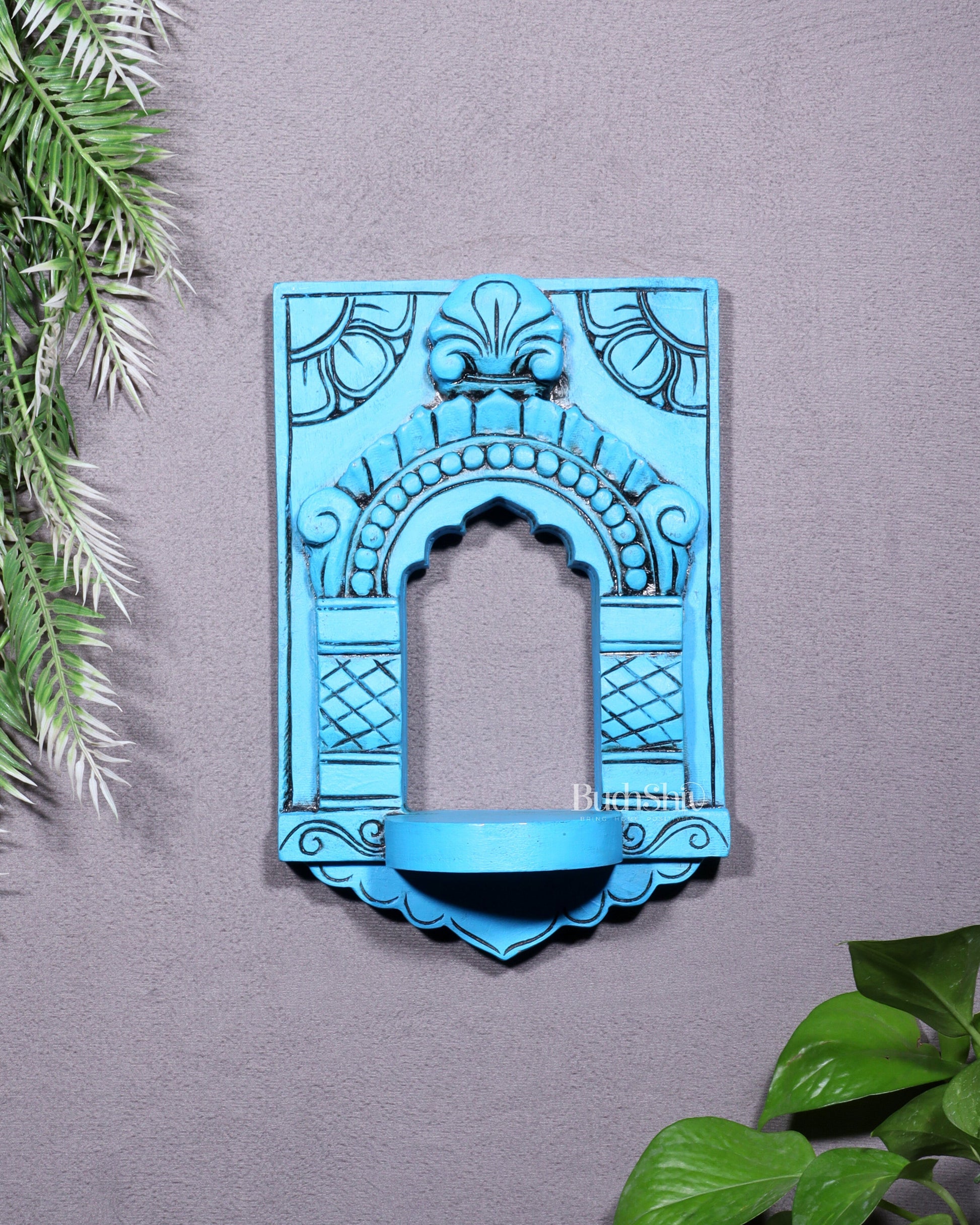 Wooden Wall Hanging Jharokha Arch – Handcrafted Decorative Shelf (Blue) - Sama Homes Idol - Brass Sculpture - Eco-friendly - Sama Homes